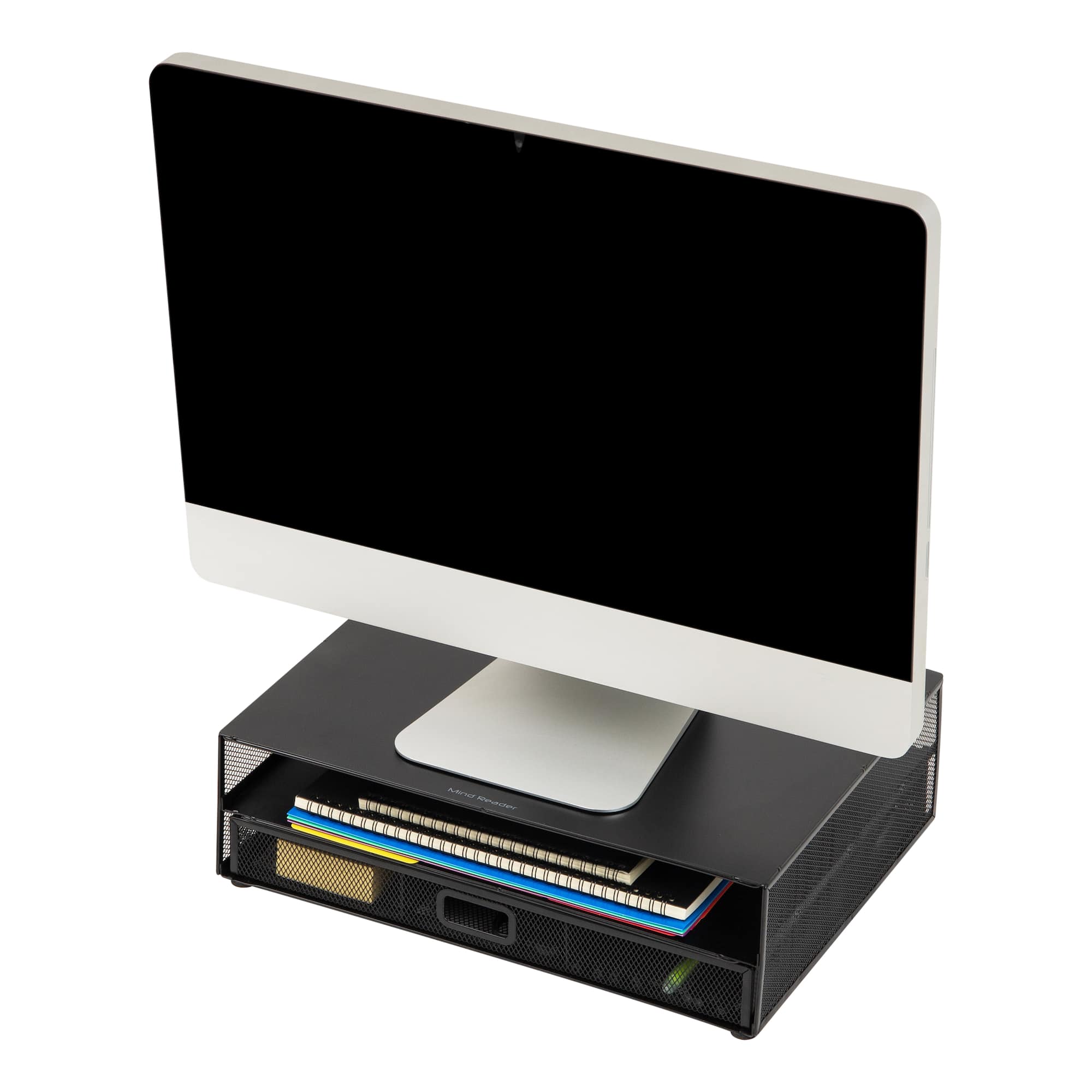 Mind Reader Monitor Stand and Office Supplies, Ventilated Riser, Storage Drawer, Metal Mesh, 15.75"L x 11.75"W x 4.5"H, Black